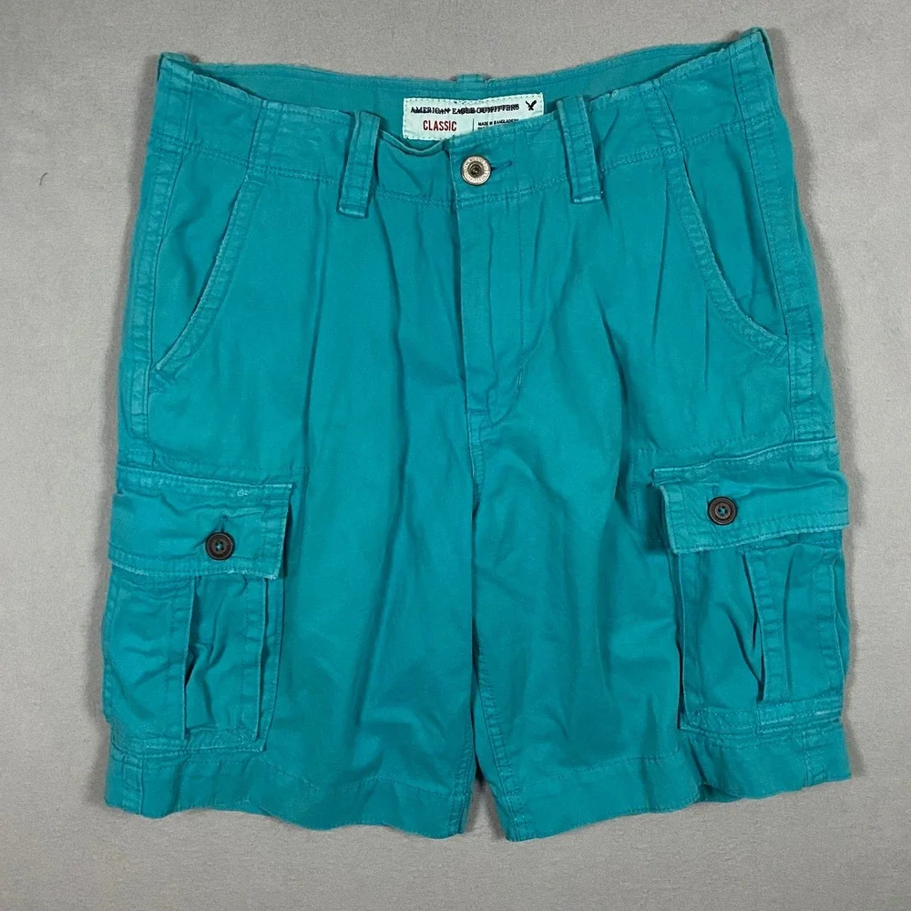 American Eagle Classic Cargo Shorts Mens 31 Teal Blue Cotton‎ Twill 3239-1046-05